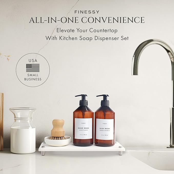 FINESSY Modern Hand and Dish Soap Dispenser Set for Kitchen Counter with Tray and Bamboo Brush, Kitchen Soap Dispenser Set with Tray Refillable Dual Containers Also for Dishwashing Liquid and Lotion