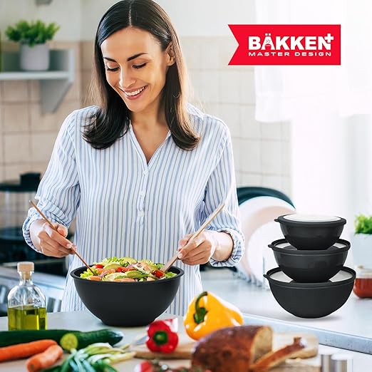 Bakken Master 12 Piece Plastic Nesting Bowls with Lids - Mixing Bowls Set includes 6 Prep Bowls and 6 Lids, BPA-Free, Reusable Meal Prep Containers, Microwave, Freezer & Dishwasher Safe, Gray