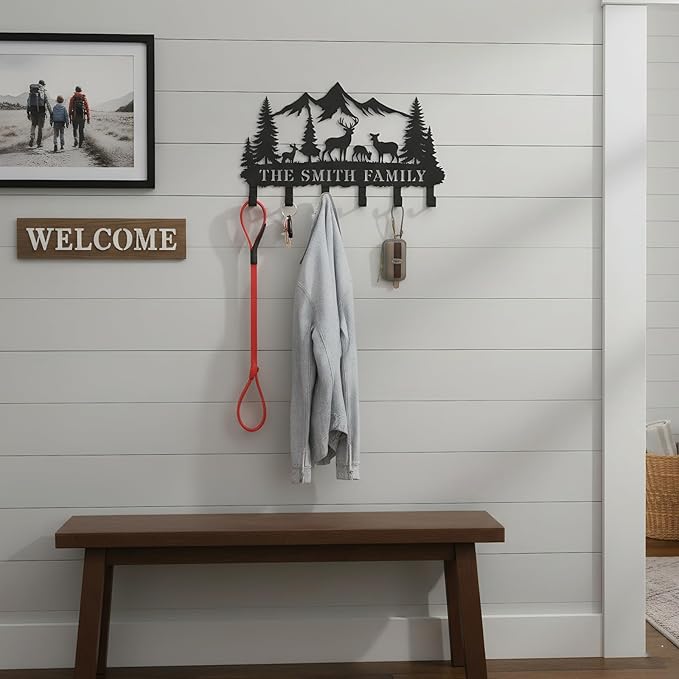 Personalized Forest Deer Coat Rack Wall Hanging Key Holder with Name, Metal Key Holder Wall Mount for Kitchen Hallway Doorway Home Decor Gift