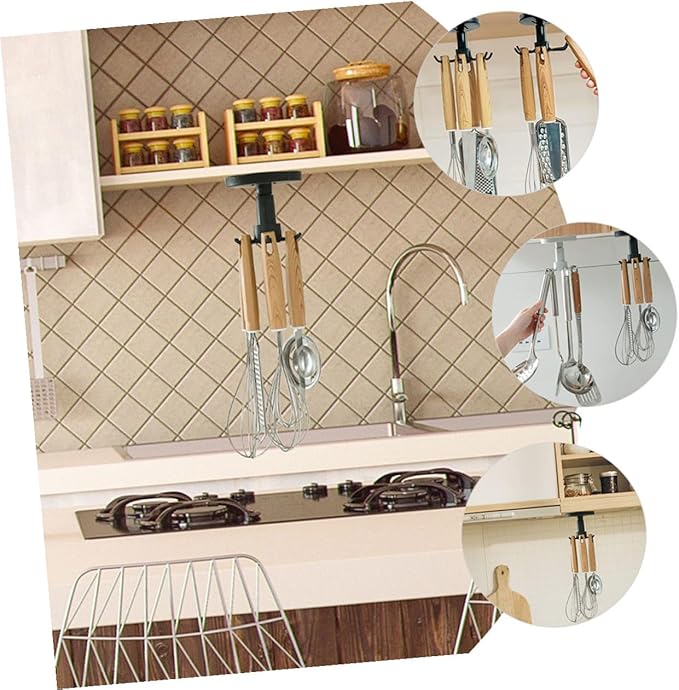 SUPVOX 3pcs Rotating Hanging Utensil Hooks Kitchen Utensil Holder Nail-Free Under Cabinet Storage Rack Black for Kitchen Organization