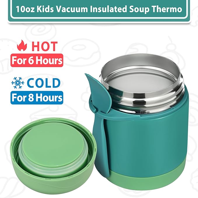 10oz Soup Thermo for Hot Food Kids,Lunch Thermo Kids Food Jar with Spoon Hot Insulated Food Containers,Leak Proof Stainless Steel Wide Mouth Lunch Thermo Jar for School(Green)