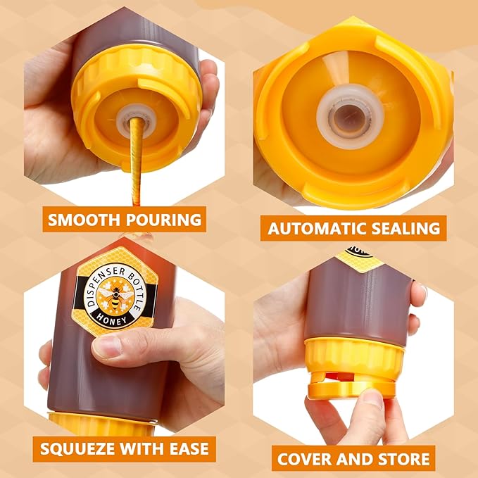 SiliFine 4 Pcs Honey Dispenser No-drip with Lid, Honey & Syrup Squeeze Bottle, Refillable Condiment Bottle Bpa-free, More Hygienic for Sauces Ketchup Kitchen Pancakes Salad Dressings (18 oz)