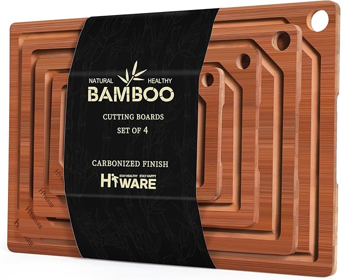 Hiware 4 Pieces Extra Large Wooden Cutting Boards Set- Bamboo Cutting Boards for Kitchen Meal Prep & Serving, Cutting Board with Deep Juice Groove & Built-in Handles, Charcuterie & Chopping Board