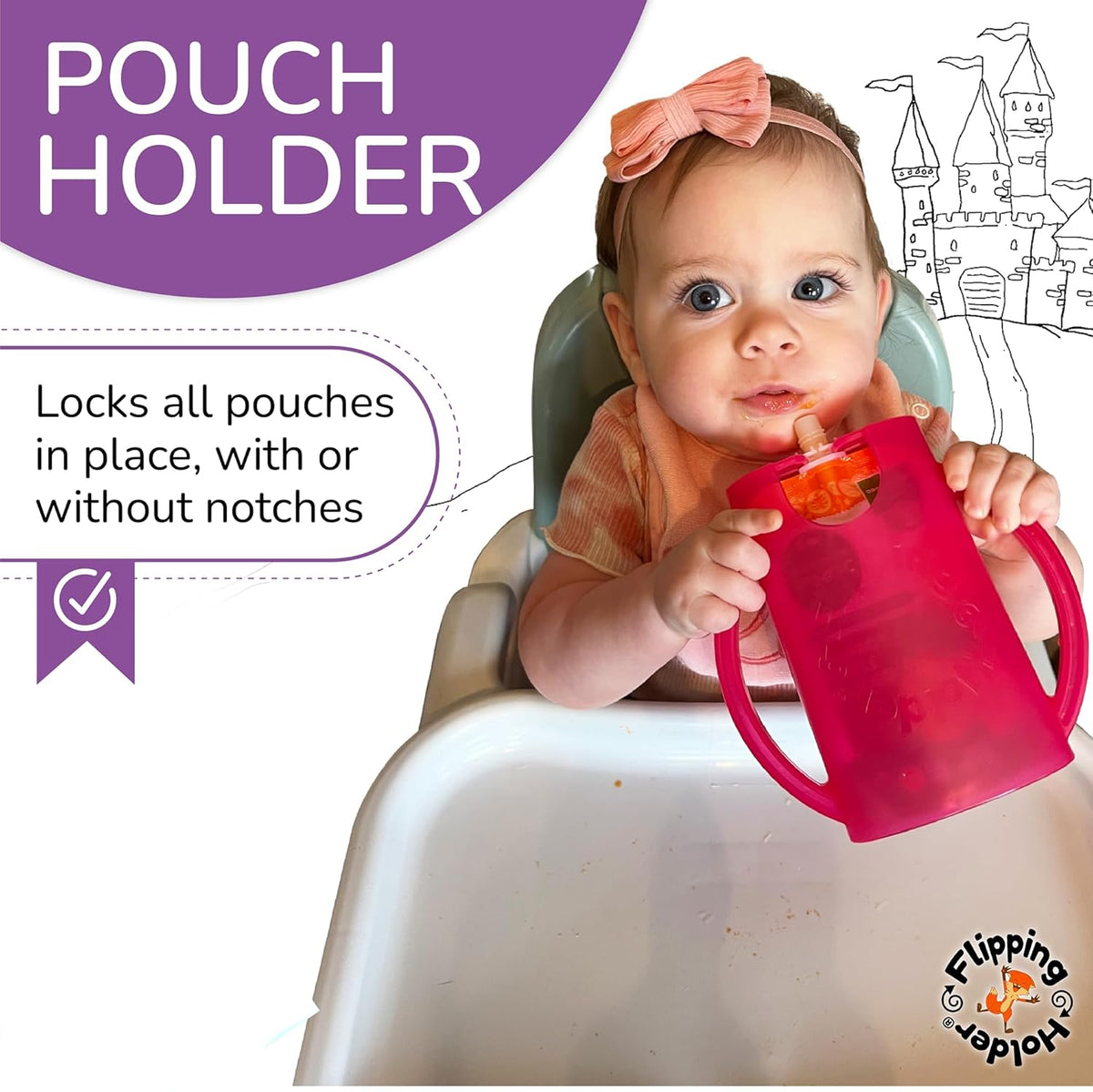 Squeeze Proof Food Pouch Holder for Toddlers, Babies, Kids, Mess Free No Squeeze Juice Box Drink and Applesauce Snack Holder with Easy Grip Handles and Lid