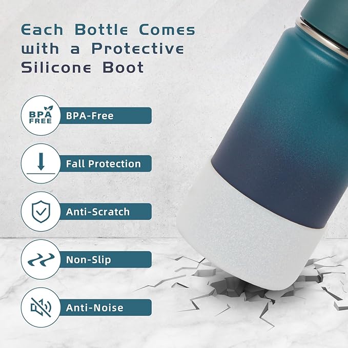 Volhoply 14oz KIds Water Bottle with Straw Lid and Silicone Boot Bulk 6 Pack,Stainless Steel Insulated Bottles for Boys & Girls Multipack,Double Wall Vacuum Leakproof Bottles(Dark Night,6)