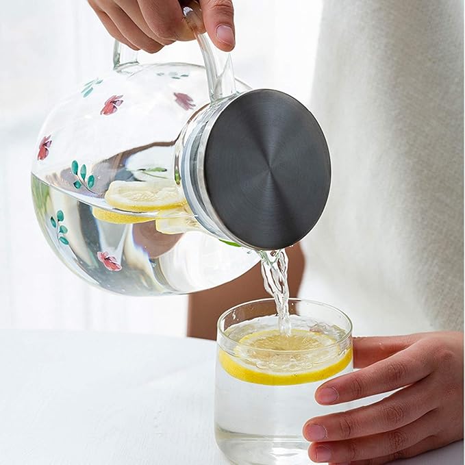 Pitcher 50 Oz Glass Pitcher With Stainless Steel Filter Cover Glass Carafe Is Made of Borosilicate Material Can Stand High Temperature Hot/Cold Water Carafe