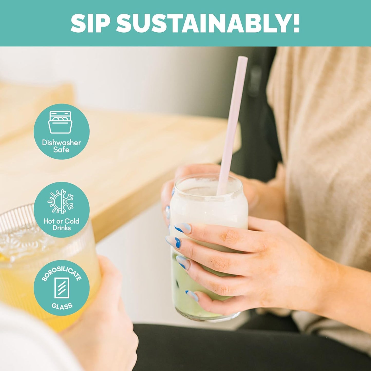 Simply Straws 8 Inch Glass Straws Bent (6-Pack) – Reusable Glass Straws for Pints & Juice Drinkware, with Cleaning Brush – Dishwasher Safe, Hot & Cold Use, BPA-Free (Iridium)