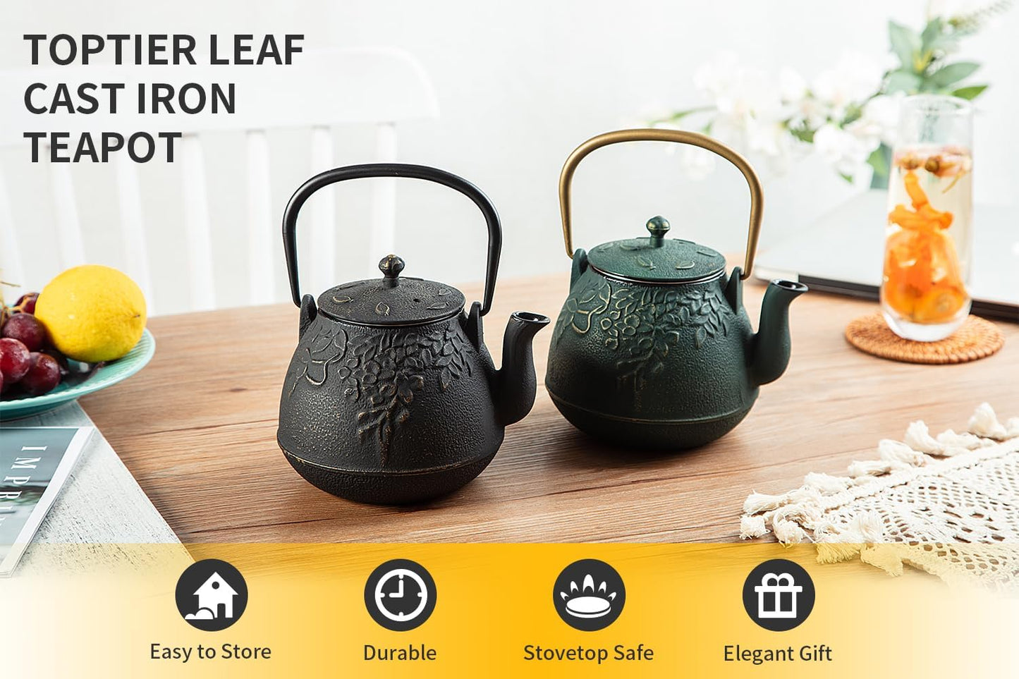 TOPTIER Japanese Cast Iron Tea Kettle with Infuser, Leaf Design Teapot Stovetop Safe Coated with Enameled Interior for 32 Ounce (950 ml), Dark Green