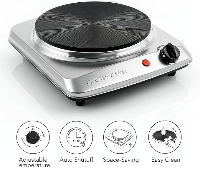 OVENTE Electric Countertop Single Burner, 1000W Cooktop with 7.25 Inch Cast Iron Hot Plate, 5 Level Temperature Control, Compact Cooking Stove and Easy to Clean Stainless Steel Base, Silver BGS101S