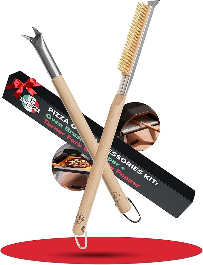 Senwosa Pizza Oven & Stone Brush with Scraper, Turning Fork & Bubble Popper Bundle - Essential Accessories & Tools for Any Pizza Oven
