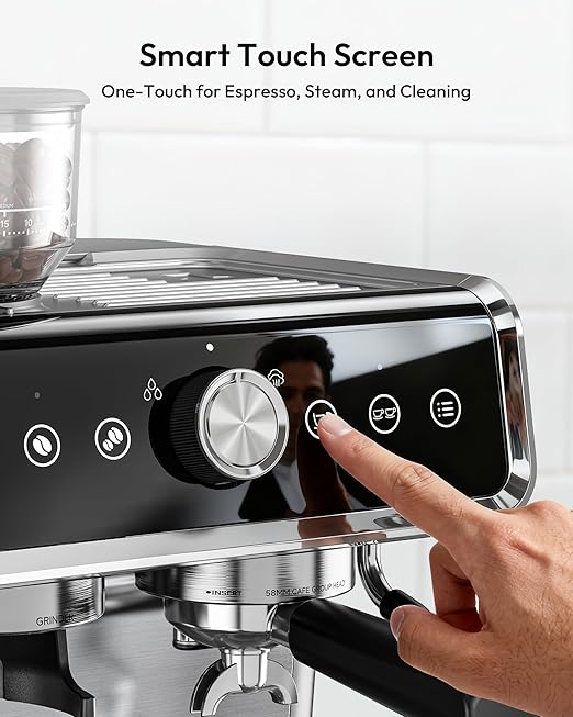 EUHOMY Espresso Machine with Grinder, 30 Grind Settings, 20 Bar Coffee Maker with 58mm Portafilter, Expresso Coffee Machines with Touch Screen for Home, Milk Frother for Latte & Cappuccino