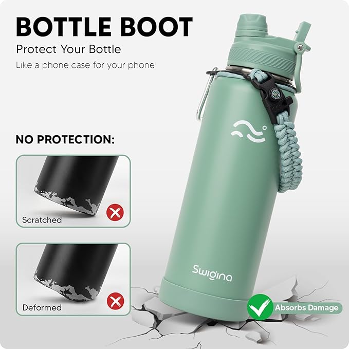 Swigina [2-IN-1 LID] Insulated Water Bottle with Silicone Boot (36hrs Cold/18hrs Hot) - DIY Stickers, Leakproof, BPA Free, 40 oz