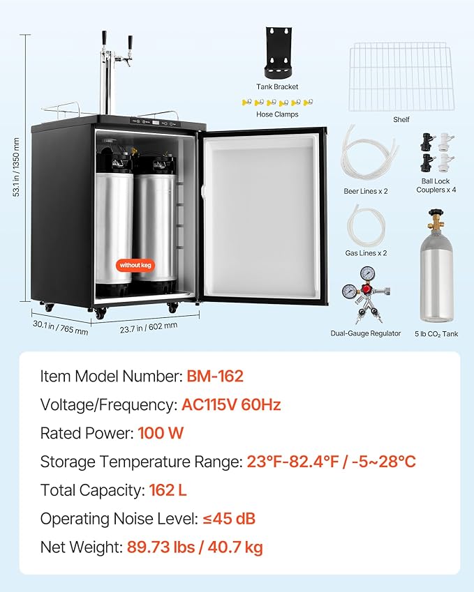 VEVOR Beer Kegerator, Dual Tap Home Draft Beer Dispenser for Ball Lock, Full Size Keg Refrigerator with 5lbs CO2 Tank, Hold 2 Sixth / 2 Slim / 3 Ball lock keg, 162L