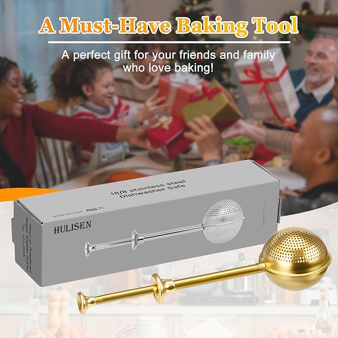 HULISEN Flour Duster for Baking, One-Handed Operation, 304 Stainless Steel Powdered Sugar Shaker Duster, Pick Up and Dust Flour Sifter, Gift Package, Gold