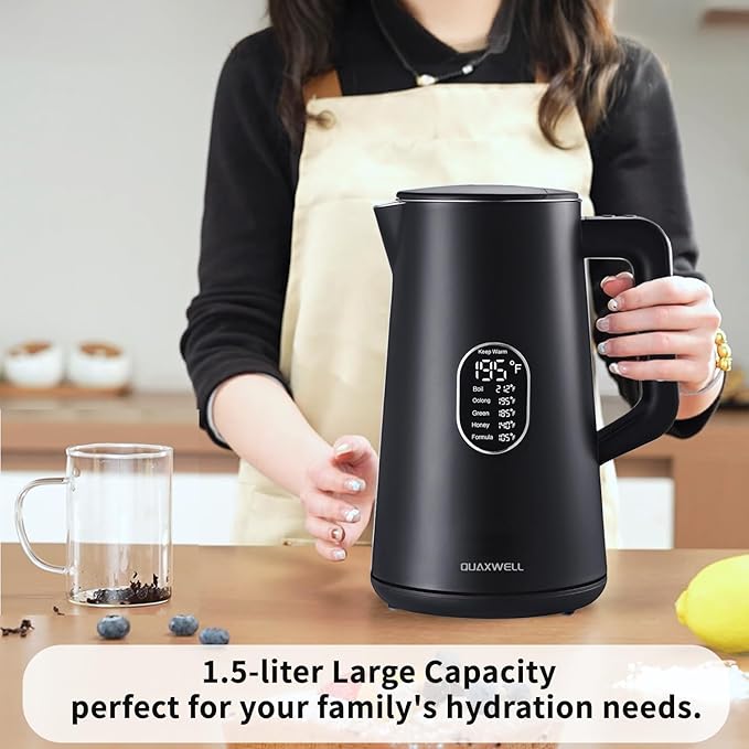 1.5L Electric Kettle Stainless Steel, Double Wall Cool Touch Teapot, Fast Boil, Precise Temperature Control, LCD Display, Auto Shut-Off, BPA-Free,Keep Warm Function, Ideal for Tea,Black