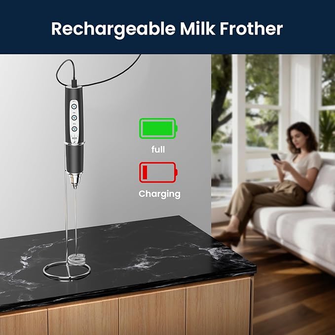 Sakgos Milk Frother with Stand Rechargeable-Handheld Coffee Frother with 3 Stainless Whisks 3 Speed Adjustable, Electric Whisk Drink Mixer, Foam Maker Blender for Matcha Latte Cappuccino Chocolate