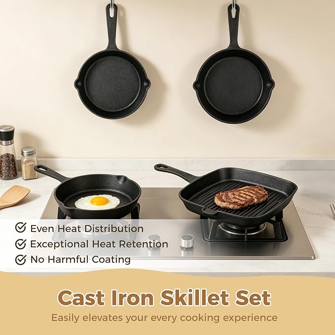 4 Pieces Cast Iron Skillet Set, Frying Pan and Grill Pan Set with Silicone Handle Covers, Non-Coated Cookware Kit for Stove Oven, Grill, Heavy Duty Kitchen Pans