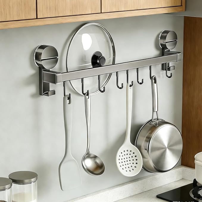 Wall Mounted Utensil Hook Rack with 8 Hooks, No Drill Installation, Space Gray Finish, Kitchen Organizer for Coats, Bags, and Accessories，Suction Cup Storage (2 Pack)