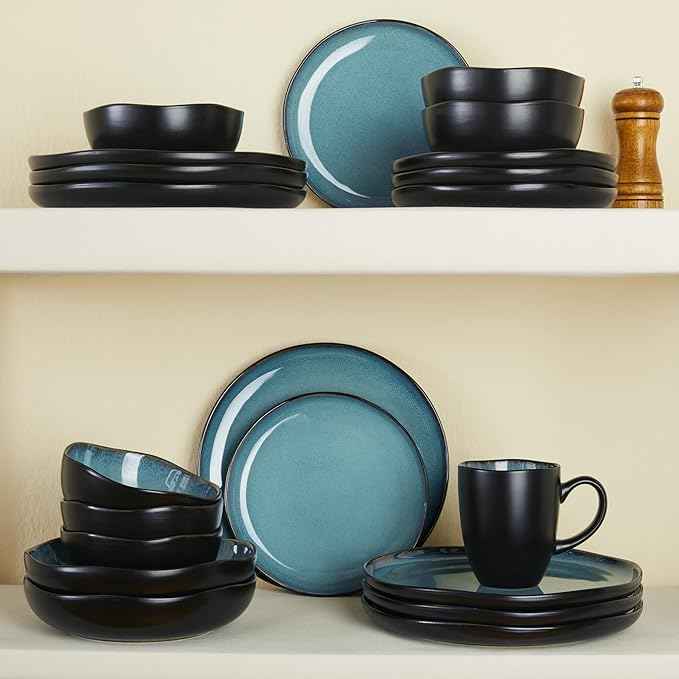 32 Piece Dinnerware Set for 8 with Pasta Bowls, Green Black Reactive Glaze Stoneware | All‑in‑One Host Set for Entertaining, Holiday Meals, Multi‑Course Dinners | Unique Irregular Coastal Look