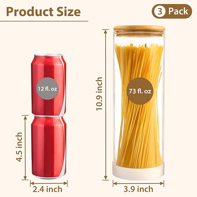 TBWIND 73oz Glass Spaghetti Pasta Containers for Pantry Organization, 3-Pack Large Airtight Food Jars with Bamboo Lids and Protective Silicone Base, Clear Storage Canisters for Flour, Cereal, Rice