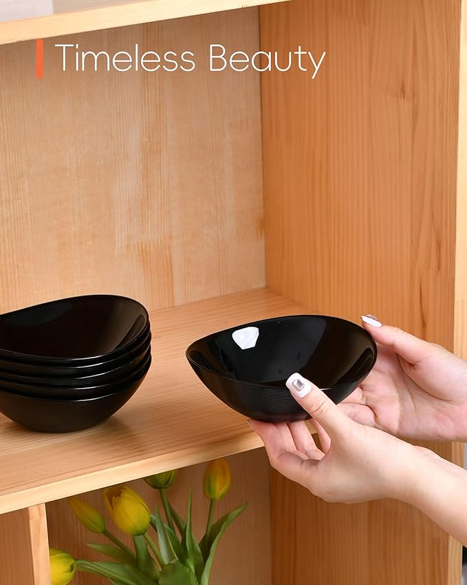 12 OZ Bowl Set of 6, Opal Glass 6 inch Oval Small Ice Cream Bowls for Breakfast Snack Dessert, Side Dishes, Fruit Kitchen, Microwave & Dishwasher Safe, Black
