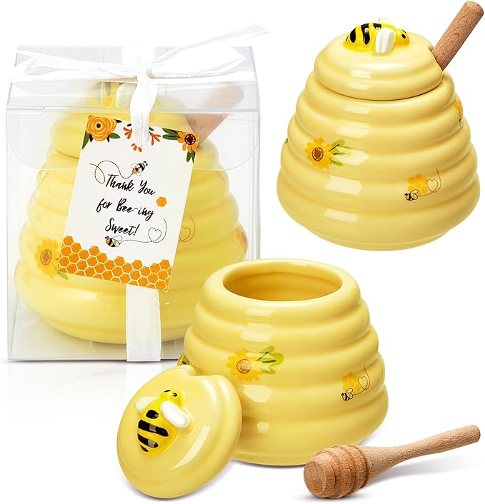 Yinder 1 Pcs Baby Shower Prize for Winners Honey Party Favors 3 oz Ceramic Honey Jars with Dippers Mini Bee Themed Pots with Goodie Boxes for Baby Shower Wedding Favors Bee Themed Party Gifts