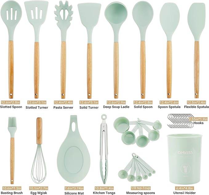 QMVESS Silicone Kitchen Utensils Set, 35 Pcs Non-Stick Cooking Utensils Set, Sturdy Insulation Wooden Handle Kitchen Accessories for Cooking with Spatula Set and Spoons Set Gadgets (Light Green)
