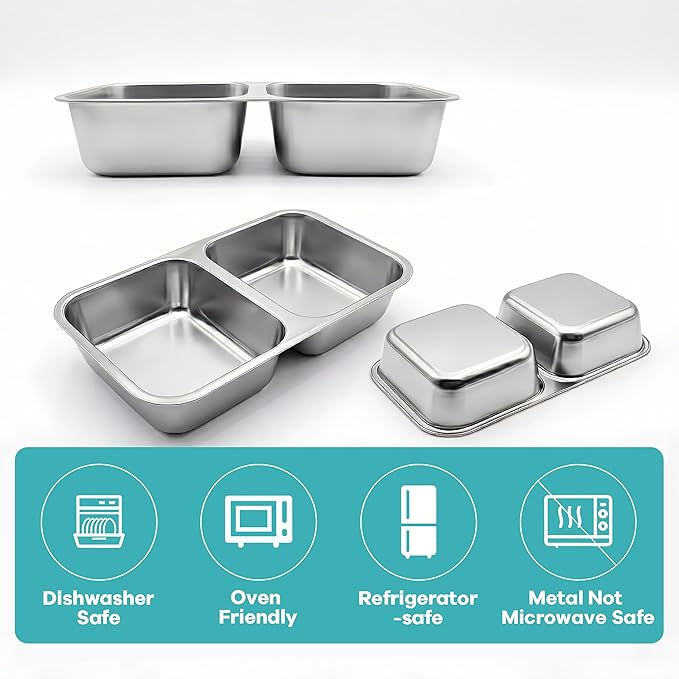 6 Pack Stainless Steel Snack Containers, 2 Compartment Reusable Metal Snack Boxes Containers with Leak-Proof Lids, Compact Lunch Box Food Storage Container