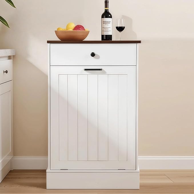 HRVEOCEI Single Tilt Out Trash Can Cabinet for 10 Gallon, Trash Can Holder Cabinet with Drawer, Farmhouse Garbage Cabinets for Kitchen Living Room, Easy to Clean (White)