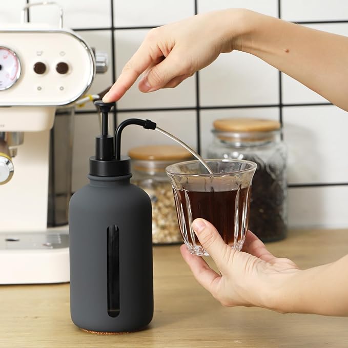 Enra Glass Soap Dispenser with Window, 17oz Dark Gray Stainless Steel Hand Pump for Bathroom Kitchen - Countertop Lotion Bottle (Dark Gray-Round-Liquid)
