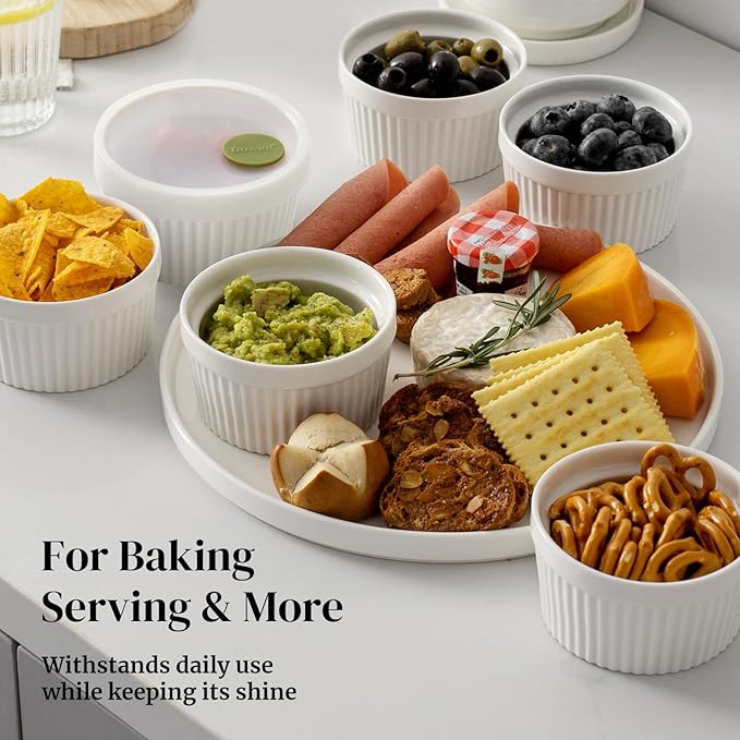 DOWAN Ramekins with lids 4 oz, Creme Brulee Ramiken Oven Safe, Ceramic Baking Bowls Souffle Dishes, Custard Cups Charcuterie Boards Bowls Dipping Sauces, Set of 6, White