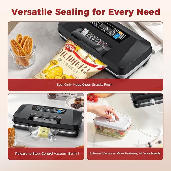 Vacuum Sealer for Food, 10 Modes 95KPa vacuum sealer for Wet/Dry Food, Automatic Food Vacuum Sealer Machine with Double Seal Strip, Built-in Cutter & Roll Storage, Complete Kit with Bags