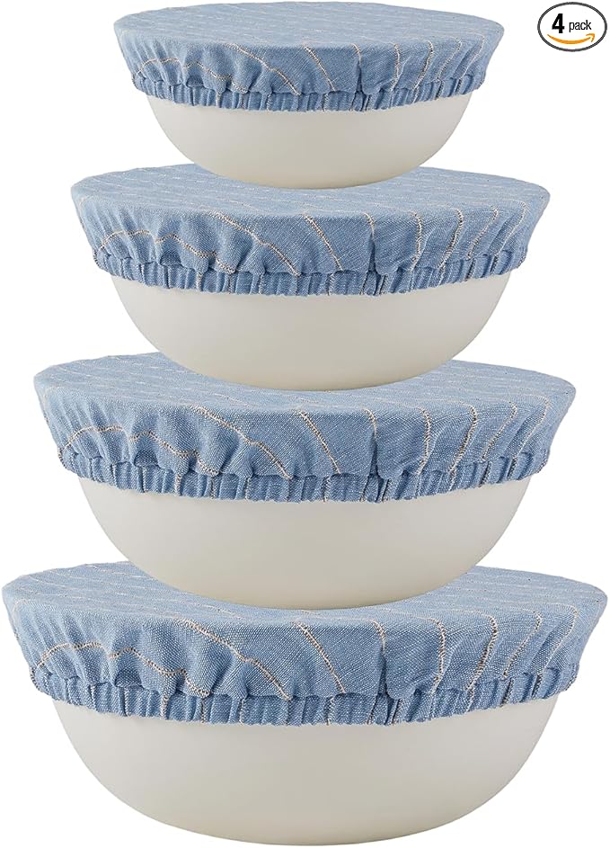 100% Pure Linen Bowl Covers For Bread Proofing, 4 Pcs Elastic Reusable Bowl Covers Large Ticking Striped Cloth Fabric Stretch Sourdough Lids, 6 * 8 * 10 * 12 Inches- Navy Blue