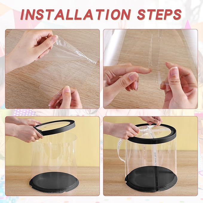 JCD 6Pcs 8.5 * 9.5inch Round clear cake boxes with Ribbon,Ideal for 7inch and 6inch Tall Layer Tiered Cakes,Multi-Layer cake boxes for Christmas Bakery Treat (Black, Round 8.5inch/6pcs)
