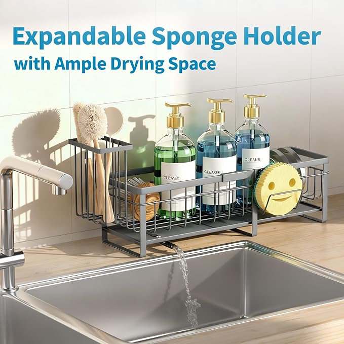 Extra Large Extendable Sponge Holder for Kitchen Sink, Rustproof Sink Caddy Organizer with High Brush Holder, Dish Soap Dispenser Organizers and Storage (Gray)