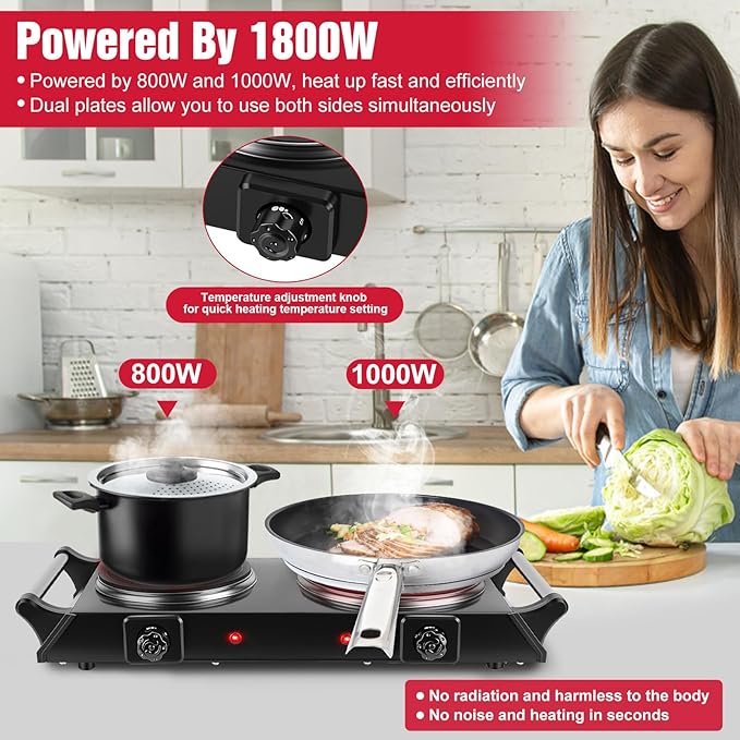 Electric Countertop Double Burner, 1800W Cooktop with Crystal Glass Hot Plate, 5-Level Stepless Temperature Control, Stay Cool Handles, Easy to Clean, Compatible Cooking Stove for Office Home RV