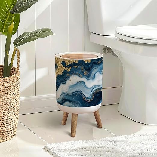 Trash Can with Lid Natural luxury Ancient oriental drawing technique Style incorporates Press Top Round Small Garbage Bin with Wooden Legs Waste Basket for Kitchen Bedroom Nursery 7L/1.8 Gallon