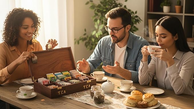 Wooden Tea Bag Storage Box – Sheesham Rosewood Tea Organizer with Brass Inlay, 8‑Compartment Tea Chest, Handcrafted Tea Box for Tea Lovers, Home Décor & Gifts