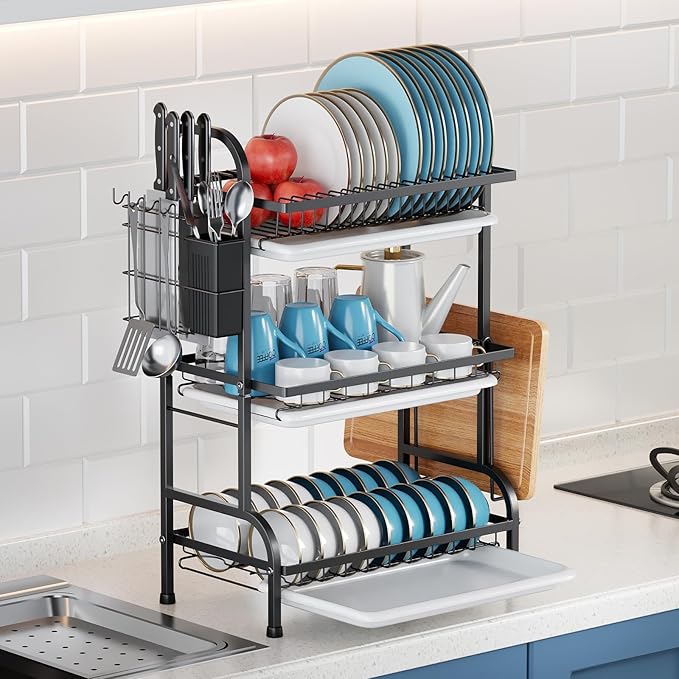 Dish Drying Rack,Dish Racks Drainer,Over The Sink Dish Drainer Drying Rack 3 Tier with Drain Tray,Chopsticks Rack,Knife Holder