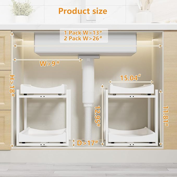 Bamboo Under Sink Organizer Adjustable Height 2 Tier Bathroom Organizer Pull Out Cabinet Storage Kitchen Heave Duty Wood Slide Ou Shelf for Kitchen Bathroom (Black, 2 Packs) (White, 2 Packs)