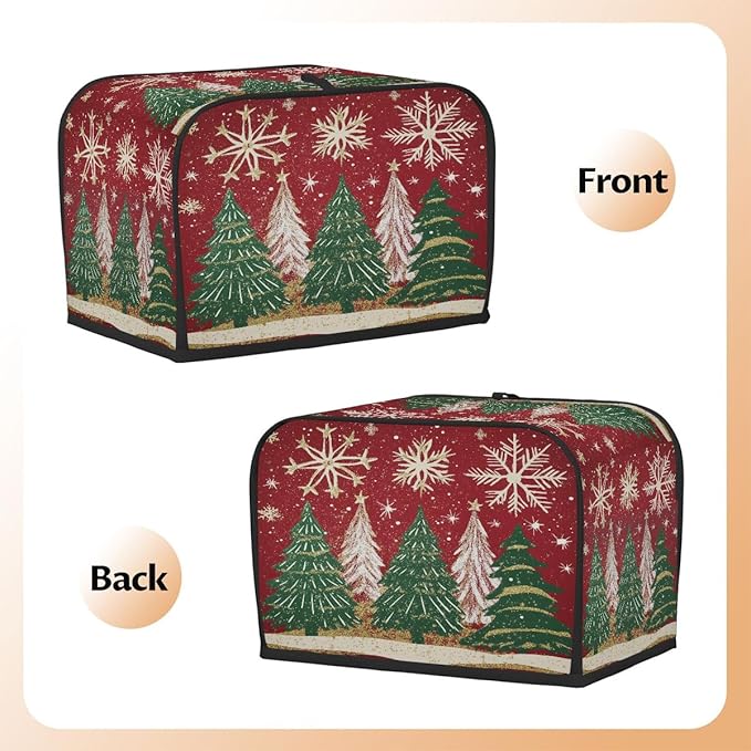 2 Slice Toaster Cover,Christmas Tree Snowflakes on Red Small Kitchen Appliance Bread Machine Cover with Pockets,Dust & Fingerprint Protection