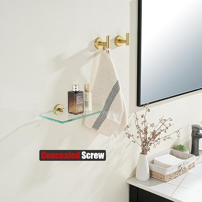 JQK Bathroom Glass Shelf Gold, Tempered Glass Shower Storage 8 by 5 inches, 304 Stainless Steel Brushed Gold Wall Mount 2 Pack, TGS101L8-BG-P2