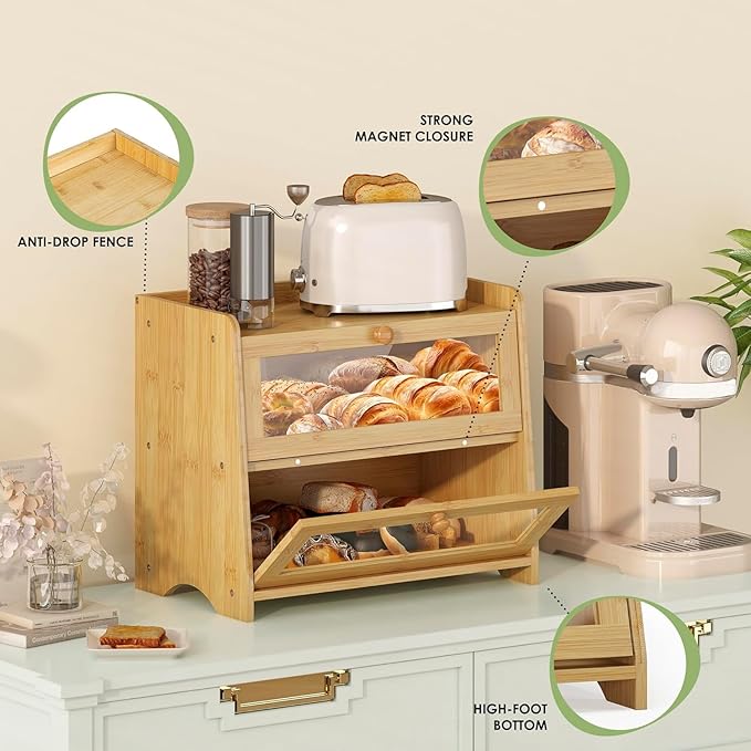 JANSNIMEN Double Layer Bread Box for Kitchen Countertop, Large Breadbox Bread Container Storage with Acrylic Door, Wooden Farmhouse Bread Holder (Bamboo, Medim-15.7" L x 9.5" W x 13" H)