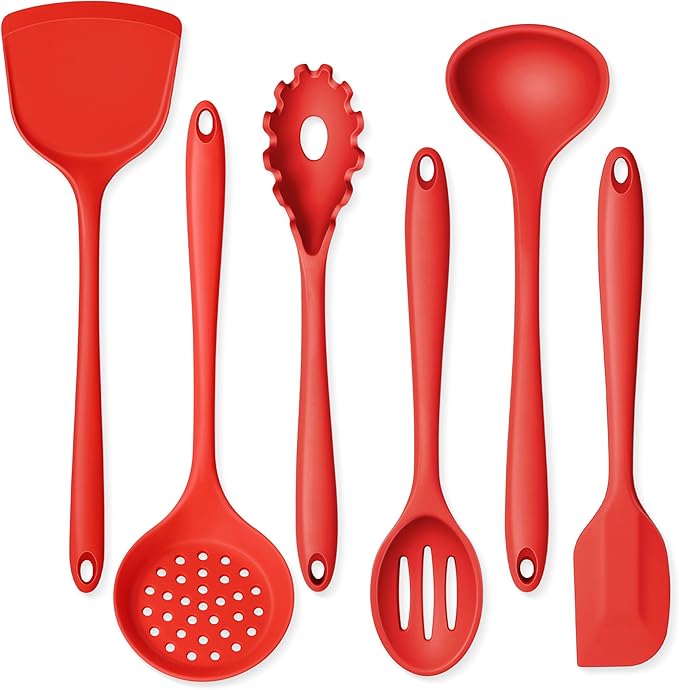 Onader Silicone Cooking Utensils Set, Red Kitchen Utensils 6 Pcs Set, Heat Resistant Kitchen Tool Kit, Nonstick Cookware Friendly & Non Toxic