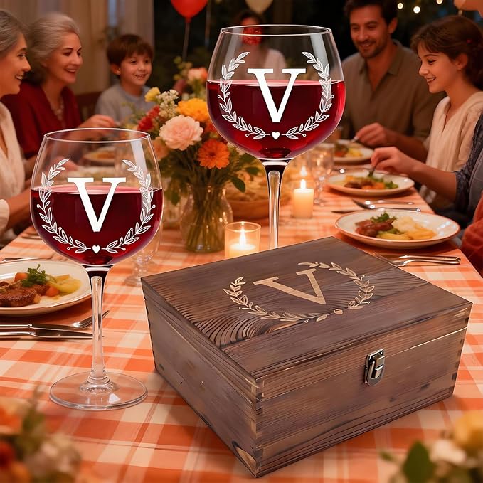 GZLDGIFTS Personalized Initial Wine Glasses Box Gift Set For Women Mom Engraved Birthday Monogrammed Wooden Christmas Gifts Wedding Anniversary Wine Couples Stopper Opener Initial Letterr (V Set)