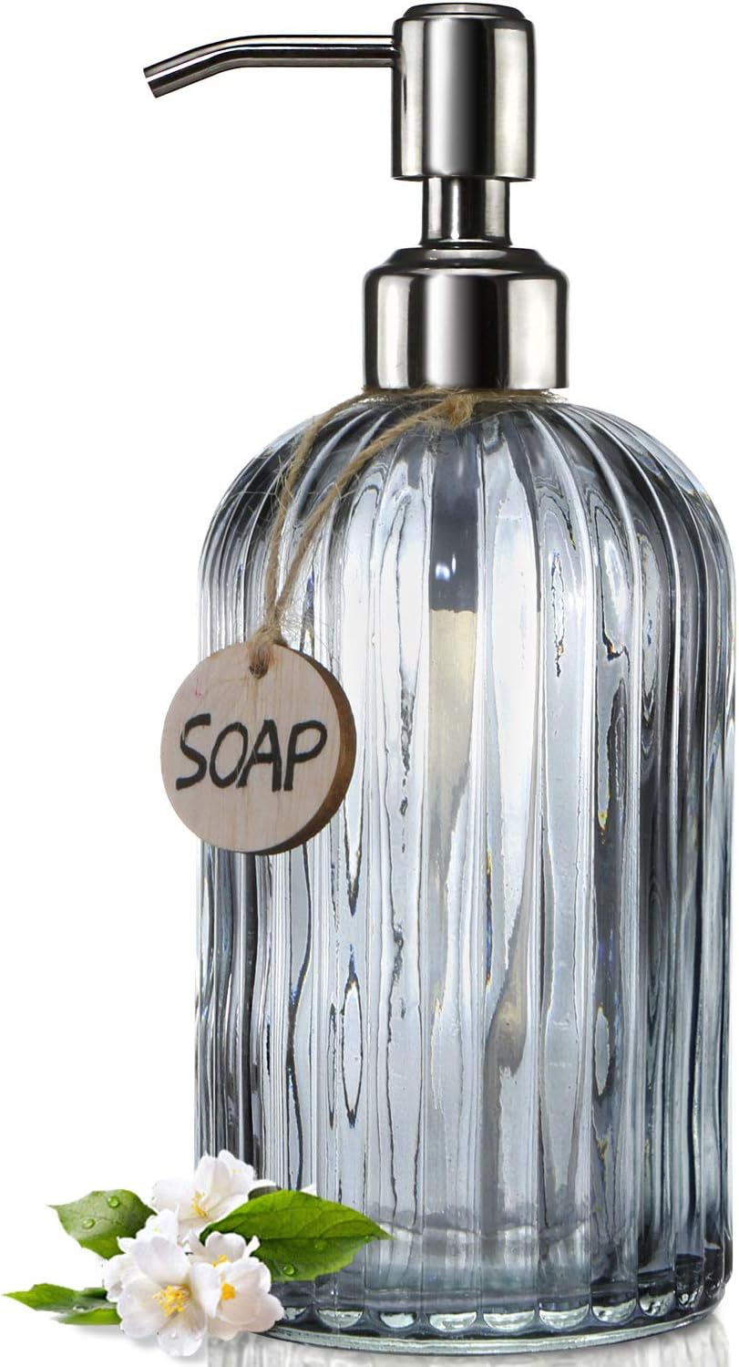 JASAI 18 Oz Vertical Stripes Kitchen Soap Dispenser with 304 Rust Proof Stainless Steel Pump, Refillable Liquid Soap Dispenser for Bathroom, Kitchen, Hand Soap, Dish Soap (Clear Grey)