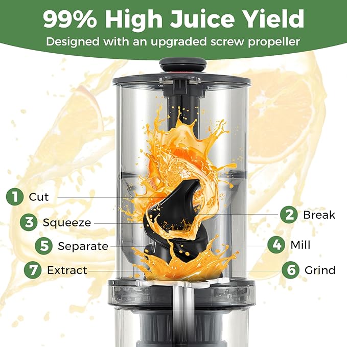 Cold Press Juicer, 5.3" Wide Feed Chute Easy to Clean Juicers w/Cleaning Brush & 2 Cups, 200W Power Motor Slow Masticating Juicer Machine w/High Juice Yield for Whole Vegetables & Fruits