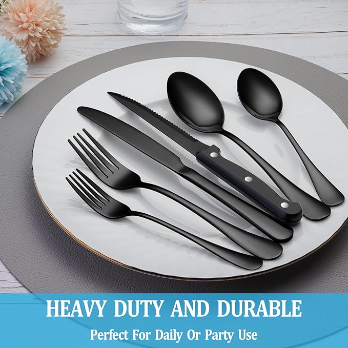 36 Pcs Black Silverware Set with Steak Knives, Stainless Steel Flatware Cutlery Set Service for 6, Kitchen Tableware Set, Utensil Set for Home and Restaurant, Knives Forks Spoon Set, Dishwasher Safe
