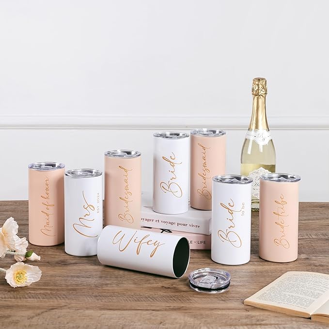 Bride Tribe Gifts Wedding Gifts for Guests Bachelorette Party Favors Bridesmaid Cups Bridal Shower Stainless Steel Skinny Tumbler with Lid and Straw 15 OZ Pink