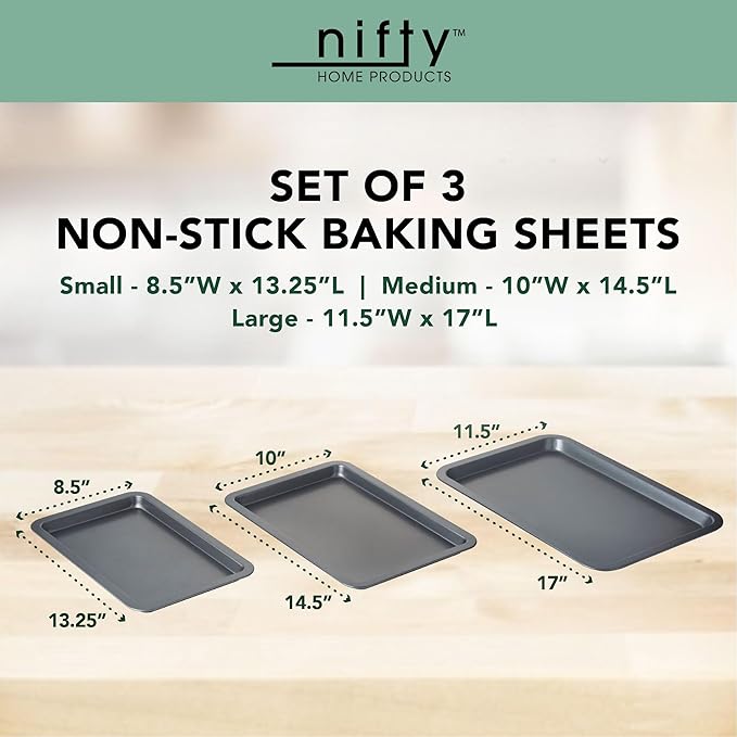Nifty Cookie & Baking Sheets (Set of 3) – Non-Stick Coated Steel, Dishwasher Safe, Oven Safe up to 450 Degrees, includes Large/Med/Small Pans